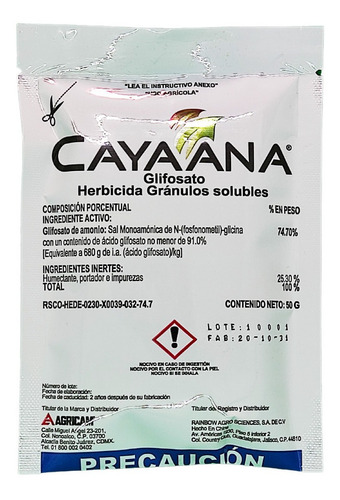 Herbicida Glifosato Granulos Solubles Cayaana Sobre 50g