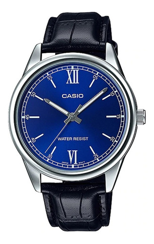 Reloj Casio Modelo Mtp-v005 Piel Carátula Azul Color de la correa Negro Color del bisel Plateado