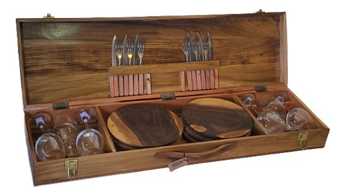 Set Asado Kit Completo Estuche Madera Tablas Copas Cubiertos