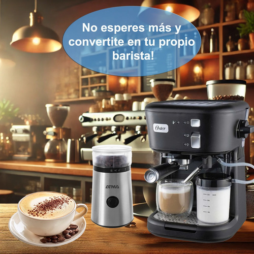 Combo Desayuno Cafetera Expresso Oster Con Molinillo Atma Negro