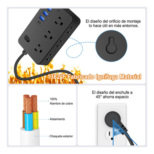 Regleta Cargador Multicontactos El17, Negro 1.2m