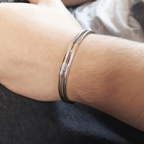 Bracelete Masculino Aço Inox Com Prata 950 Lisa Dupla