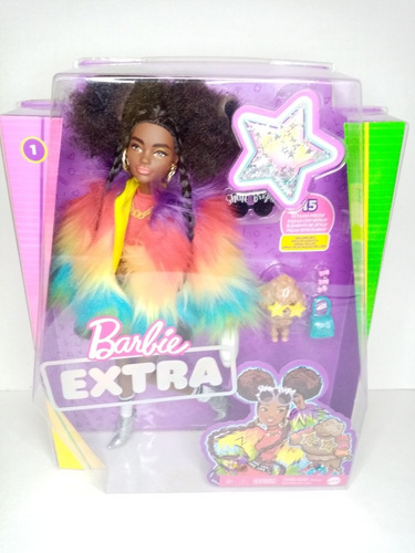 Barbie Extra#1 Cabello Chino Morena Abrigo Arcoiris Mascota
