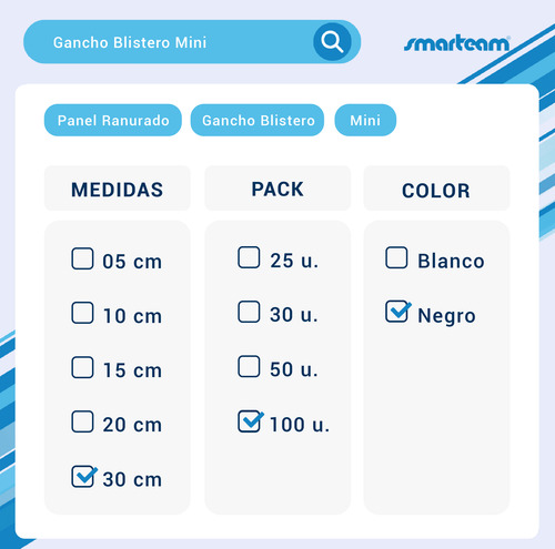 Gancho Blistero Mini 30 Cm / Panel Ranurado - Pack 100u. Negro
