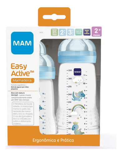 Kit 2 Mamadeiras Mam Azul Menino Easy Active 270/330ml 2+mes