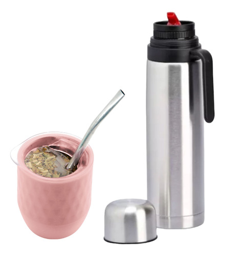 Mate Rosa Tapa Antivuelco + Bombilla + Termo Acero Inox. 1l