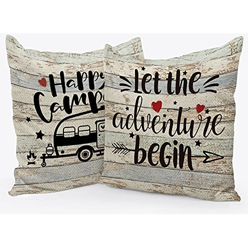 Funda De Almohada De Lino  Happy Camper , 18 X 18 Pulga...