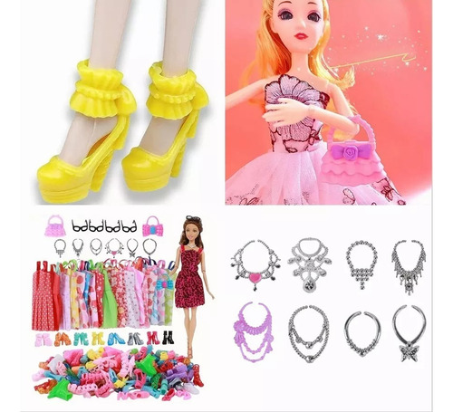 32 Piezas De Accesorios Para Muñecas, Ropa De Barbie, 10x Vestidos Lindos Mezclados, 10x Zapatos, 4x Gafas, 6x Collares, 2x Varitas