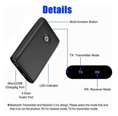 Transmisor Y Receptor Bluetooth 5.0 De 3,5 Mm, 2 Dispositivo