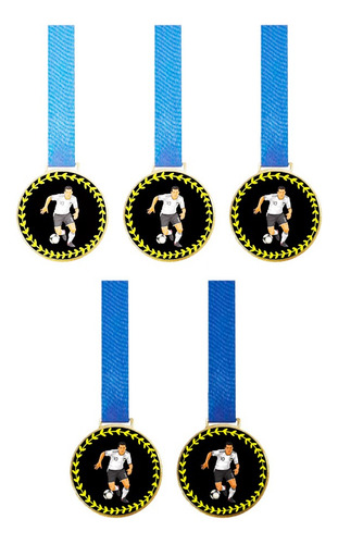 Kit C/5 Medalhas De Futebol C/fita Azul 36mm Personalizada