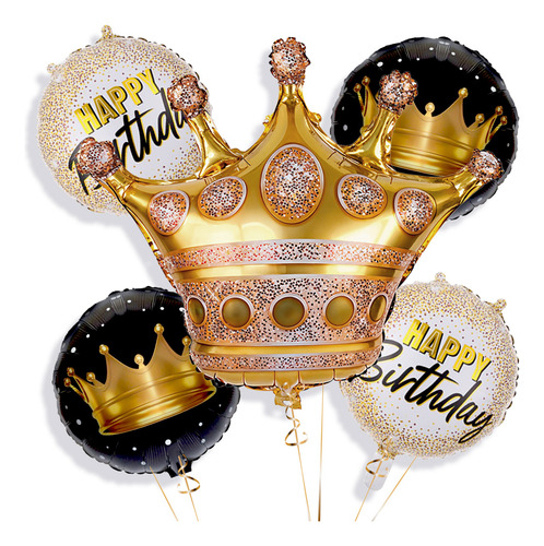 Kit 5 Globos Feliz Cumpleaños Corona Dorada Decoración Fiest