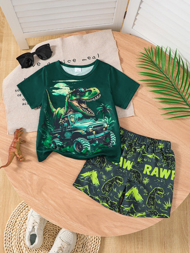 Set De 2 Unidades De Camiseta Con Estampado De Dinosaurios Y
