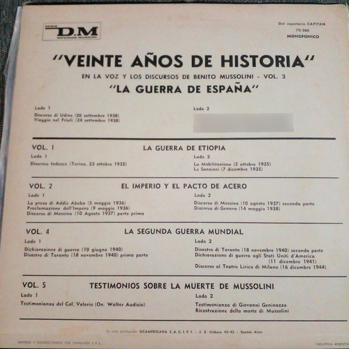 La Guerra De España Voz De Mussolini Vol 3 Vinilo Lp + Simpl
