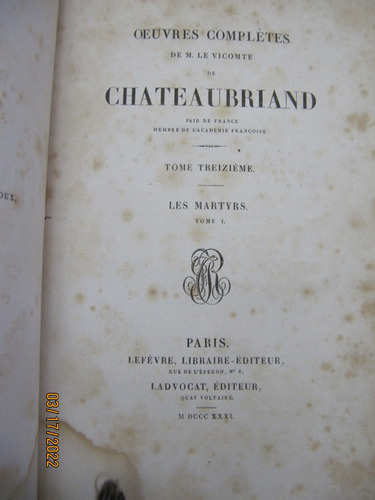 Oeuvres Completes Viconte Chateaubriand 1831 Ver Descripcion (Usado)