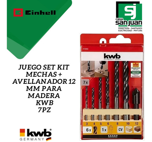 Juego Kit Mechas P/madera Kwb 7pz Avellanador 12 Mm Einhell