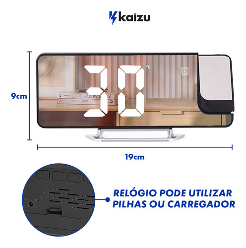 Relogio Alarme Led Minimalista Projetor Espelhado Inteligente Teto Quarto Cabeceira Kaizu