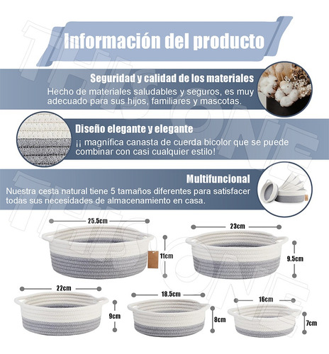 5 Canastas Multiusos De Cuerda De Algodón Tejida Con Asas