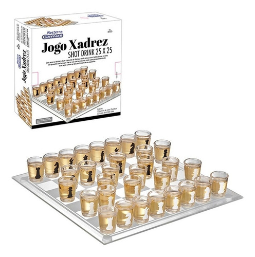 Jogo De Xadrez Shot Drink Tabuleiro De Vidro Tequila 25x25cm