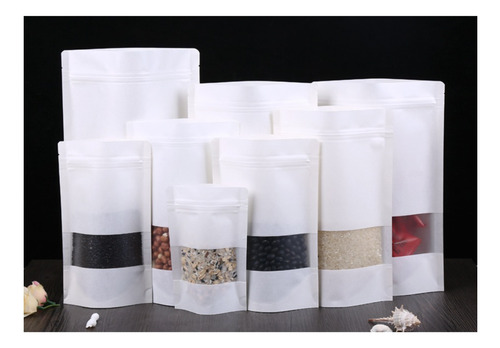 50 Bolsas Papel Kraft Blancas 14x20+4 Cms, Resellables