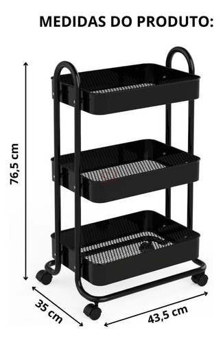 Carrinho Organizador Multiuso Em Aço 4 Rodinha 3 Prateleiras Cor Preto