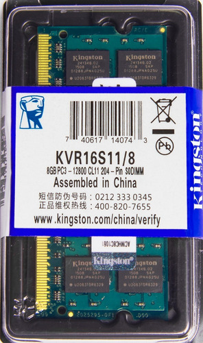Memória Kingston Ddr3 8gb 1600 Mhz Notebook 16 Chips 1.5v