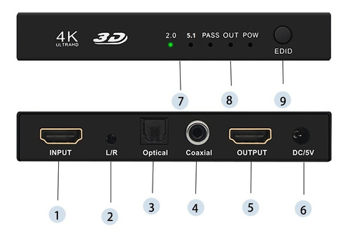 Extrator De Audio Hdmi Ch 4k 30hz 5.1ch Dts2 Lpcm 2ch