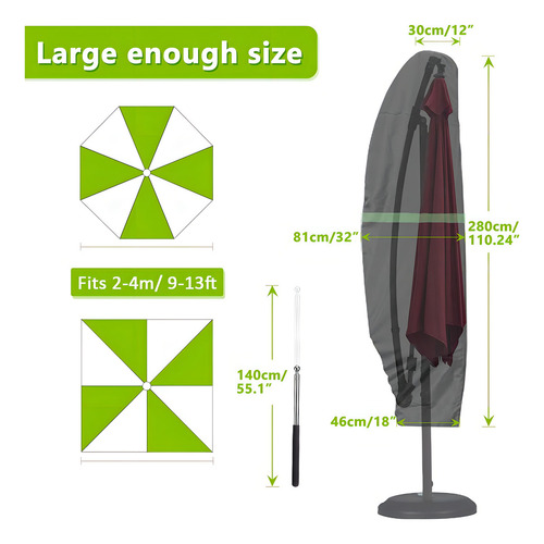 Gemitto - Funda Para Sombrilla De Patio, Impermeable, Para Exteriores, Con Cremallera Y Varilla, Para Paraguas De 2,7 A 4 M, Protección Contra Rayos Uv, Lluvia, Viento Y Polvo (420d Voladizo)