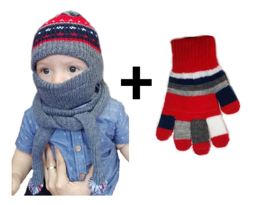 Combo Pasamontañas Con Bufanda Para Bebe + Guantes Termicos 