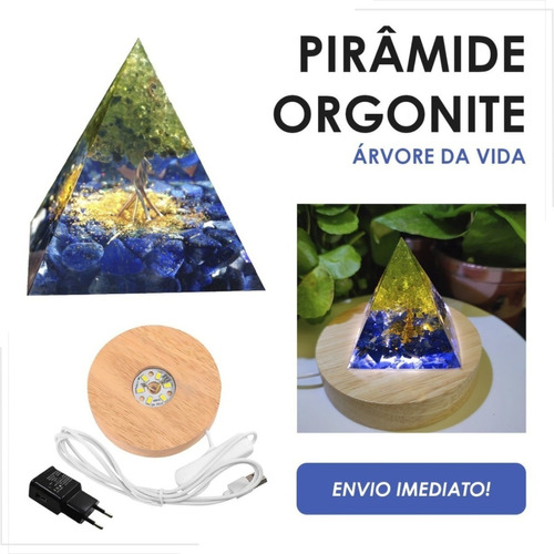 Pirâmide Orgonite Arvore Da Vida Lápis Lazúli C/ Base De Led