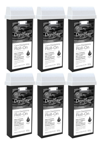 6un Cera Refil Roll On Negra 100g Depilação Depilflax