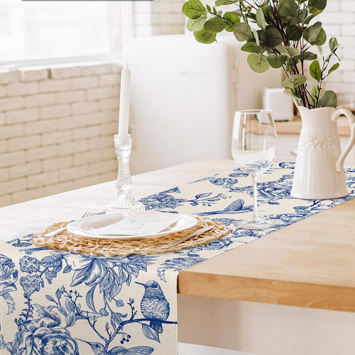 Caminos De Mesa De Lino Azul Y Blanco Retro Monocromáticos C