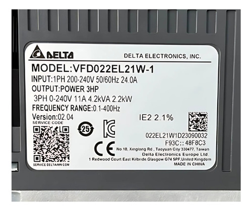 Inversor De Frequencia 3cv El-w 220v 1f Vfd022el21w-1 Delta