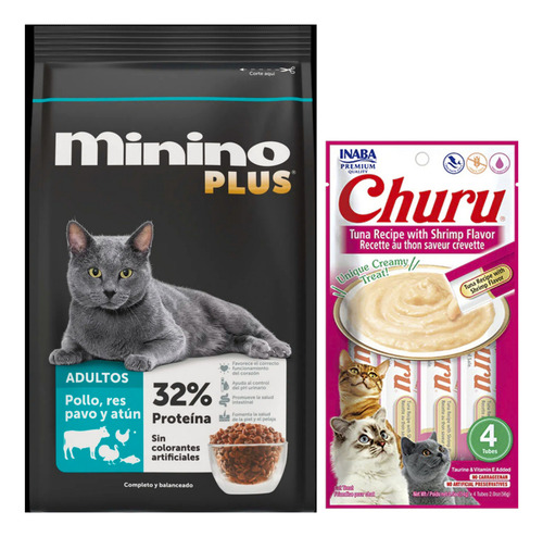 Minino Plus 10 Kg + Churu AtĂșn Con Camaron Sobre Con 4 Tubos