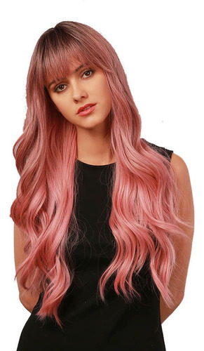 Peluca Rosas Con Fleco Cabello Larga Rizada Ondulada Cosplay