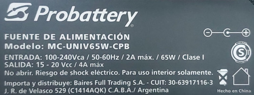 Imagen 5 de 7 de Fuente Universal De Notebook Probattery 65w 8 Conectores