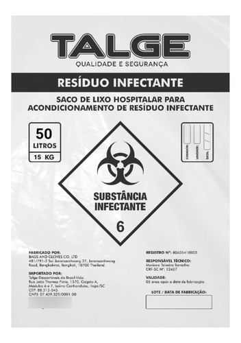 100 Saco Lixo Hospitalar Infectante 50 Litros 63x80 C/ Nota