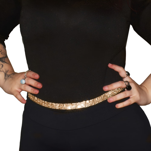 Cinto Cadena Tresher Metálico Fiesta Cinco Líneas De Strass Dorado Liso Con Strass Único