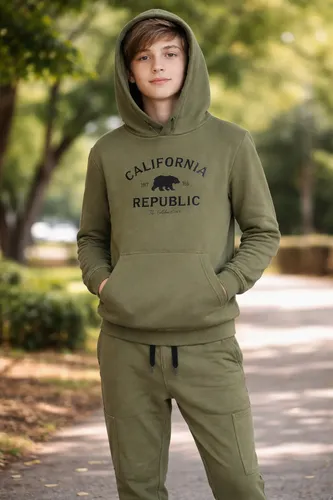 Conjunto Masculino Juvenil Moletom Capuz Confortável Inverno 14 Anos Verde Lisa