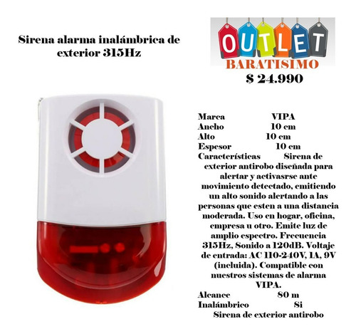 Imagen 1 de 1 de Sirena Alarma Inalámbrica De Exterior 315hz