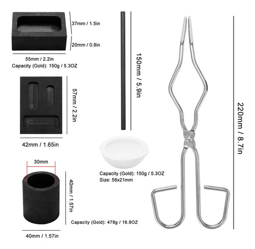 Kit De Pinzas Crisol Y Grafito Para Fundir Metales 6 Piezas