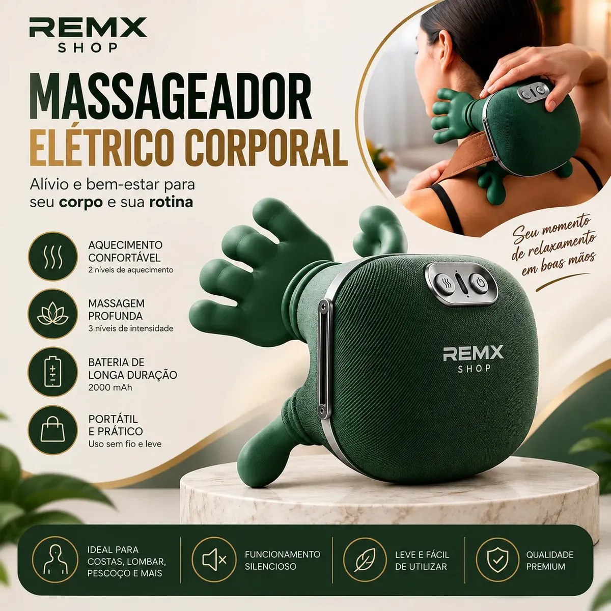 Massageador Mãozinha 3D Pescoço Ajustável Ombro Recarregável Elétrico Com Aquecimento Massagem Relaxante Alivio Muscular Cervical Lombar Costas Tensão Dores Portátil Sem Fio USB-C 