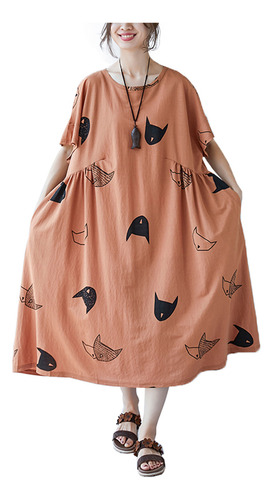 Vestido Holgado Con Estampado De Gato Lindo De Talla Grande