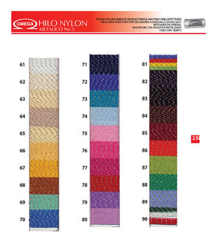 Hilo Omega Nylon Metálico #3, Colores A Elegir (50 Tubos)