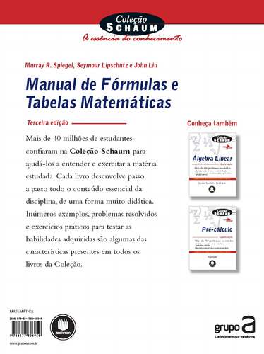 Manual de Fórmulas e Tabelas Matemáticas, de Spiegel, Murray R.. Schaum Editorial Bookman Companhia Editora Ltda., capa mole em português, 2011