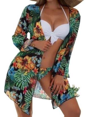 Conjunto De Bikini + Pareo De Playa Tipo Kimono Estampado