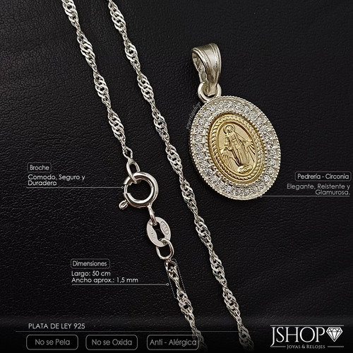 Cadena Y Medalla Dije Virgen Milagrosa Oro Plata 925 Mujer
