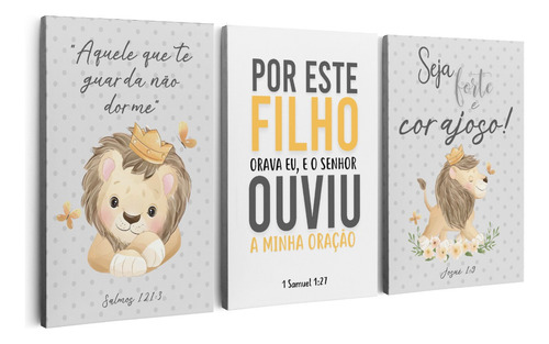 Kit 3 Quadros Seja Forte Leãozinho, Quarto Bebê 120x60cm