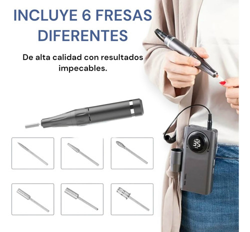 Torno Eléctrico Inalámbrico Para Uñas 35.000rpm Usb+6 Fresas Gris
