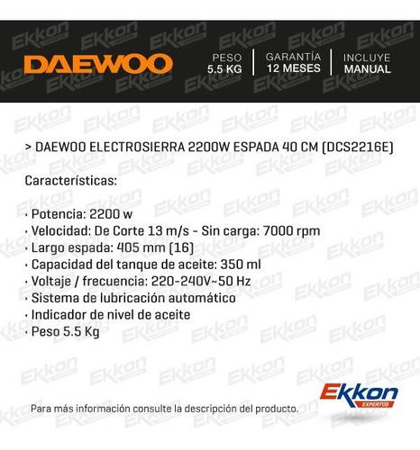 Imagen 2 de 10 de Motosierra Electrica Electrosierra Daewoo 2200w Espada 40cm