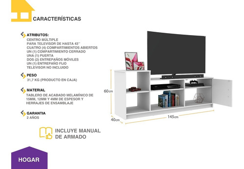 Imagen 3 de 7 de Mueble Casa Lista® Hogar - Centro Múltiple Tv 42